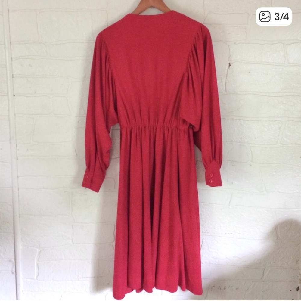 Red Dress Vintage Long Puff Sleeve 80s 10 - Picture 3 of 4
